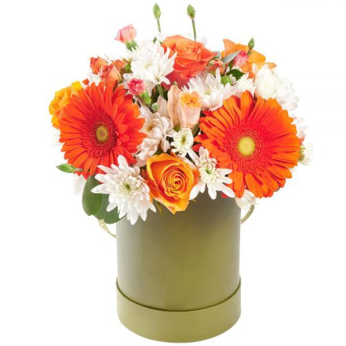 Цветы в шляпной коробке «Оранжевый закат»